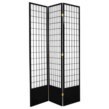 Tall Room Divider, Translucent Rice Paper With Grid Accents, Black/3 Panels
