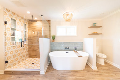 Large classic bathroom in Chicago with shaker cabinets, medium wood cabinets, a freestanding bath, an alcove shower, mosaic tiles, wood-effect flooring, a submerged sink, engineered stone worktops, brown floors, a hinged door, double sinks and a built in vanity unit.