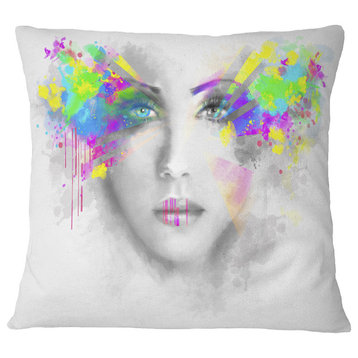 Gray Woman With Green Flowers Abstract Portrait Throw Pillow, 16"x16"