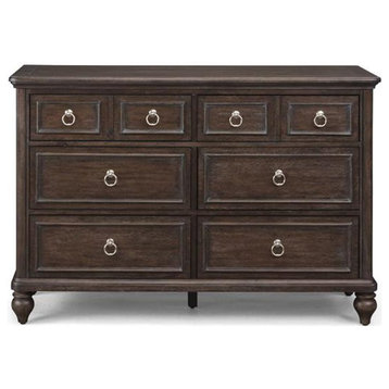 Classic Dresser, Carved Feet & 6 Drawers With Ring Shaped Pull Handles, Brown