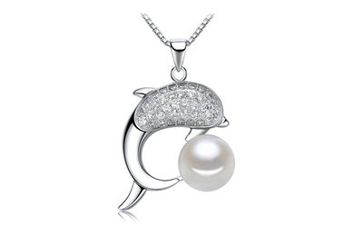 9MM AAA BUTTON WHITE DOLPHIN SHAPED 925 STERLING SILVER FRESHWATER PEARL PENDANT