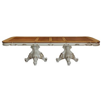 ACME Picardy Dining Table WithDouble Pedestal, Antique Pearl and Cherry Oak