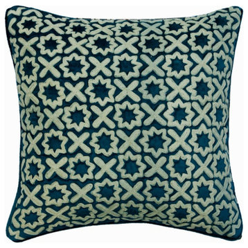 14"x14" Lattice & Trellis Boucle Embroidery Blue Velvet Cushion Cover, Alston