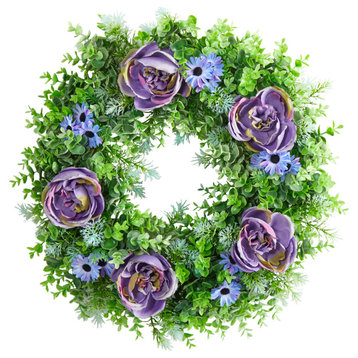 22" Purple Rose, Blue Daisy and Greens Artificial Wreath