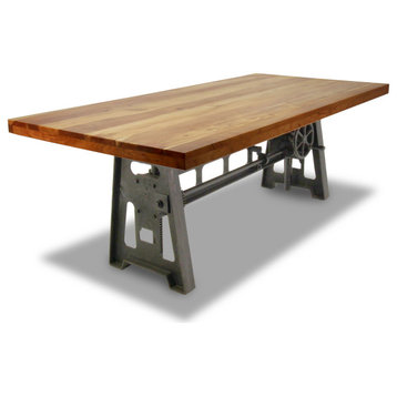 Industrial Dining Table, Cast Iron Base, Adjustable Height Crank Natural Top