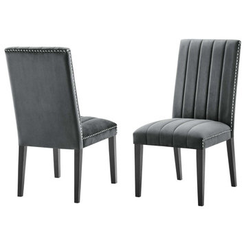 Dining Chair, Nailhead, Set of 2, Gray, Velvet, Modern, Bistro Hospitality