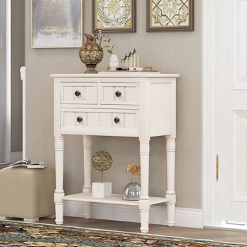 Traditional Console Table, Bottom Shelf & 3 Line Patterned Drawers, White