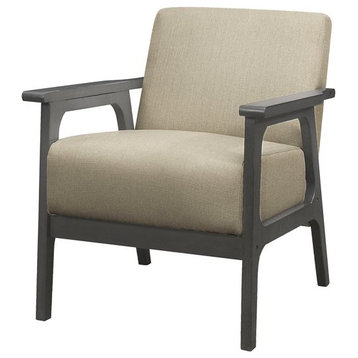 Retro Accent Chair, Exposed Rubberwood Frame and Textured Fabric Seat, Light Brown