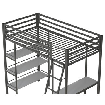 Little Seeds Nova Metal Twin Loft Bed with Shelves in Gunmetal Gray