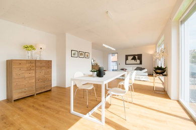 Offenes, Großes Modernes Esszimmer mit weißer Wandfarbe und braunem Holzboden in Essen