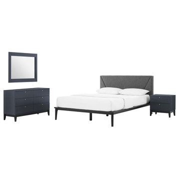 Platform Bed Dresser Chest Nightstand Set, Queen, Blue, Wood, Modern