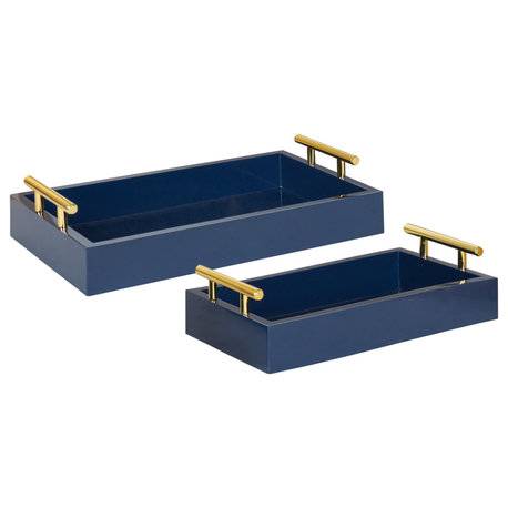 Lipton Rectangle Wood Tray Set, Navy Blue/Gold 2 Piece