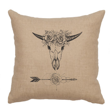 Image Pillow 16x16 Bull and Flowers Linen Natural