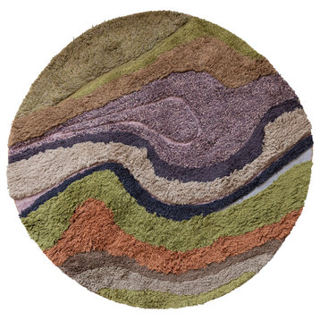 Round Wool and Cotton Tufted Rug With Abstract Design, Multicolor