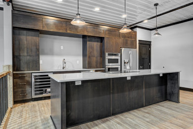 Photo of a contemporary kitchen in Indianapolis with flat-panel cabinets.