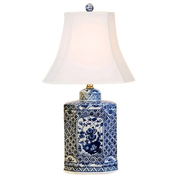 Blue and White Porcelain Hexagonal Tea Caddy Table Lamp Floral 20.5"