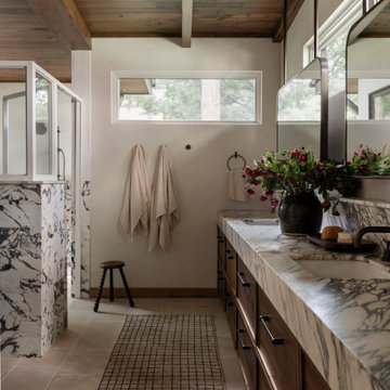 Antique Elm Ceiling Paneling in Interlachen Modern Lakehouse Shower