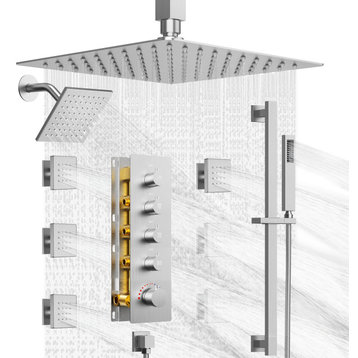 Thermostatic Dual Heads Rain Shower Faucet with Rough-In Valve & 6 Body Jets, Brushed Nickel, 16"/ 6"