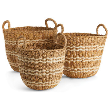 Seagrass & Jute Round Baskets With Handles, Set Of 3