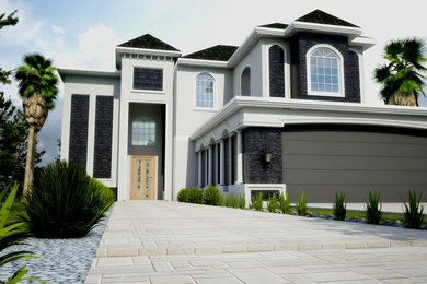 Large elegant black two-story stone exterior home photo in Other with a tile roof
