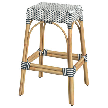 Tobias 30" Rectangular Rattan Barstool, Navy