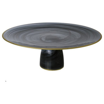 Classic Touch Black Alabaster Cake Plate on Stem with Gold Rim