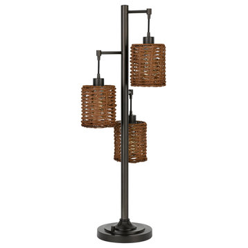 Benzara BM272199 37" Metal Table Lamp, 3 Hanging Rattan Shades, Bronze Black