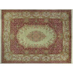 Bareens Designer Rugs - Abusson Pak Persian Mindy Green/Maroon Wool Rug - 10'0'' x 14'0'' - Designed with mesmerizing intricacy and gorgeous color palette, this hand-knotted masterpiece demonstrates the beauty and electrifying thrill of Pak Persian art. These meticulously hand-knotted Pak-Persian rug is made with pure wool and features breathtaking traditional, transitional, and tribal designs in bold luxurious color pallets. Known for their intricate designs these rugs are a reproduction of Persian rugs, made in Pakistan with unique Mughal designs. Made by master weavers using the same Persian texture, design and dying technique, we wanted to produce the most significant manifestation of Persian art, life, and culture. This rug is most famous for its exceptional quality, incredible designs, patterns, and vibrant rich color. Pak-Persian rugs made with Persian weave with high knot counts, which enables the high intricacy and detail found in the patterns are also referred to as "State of art", each color adds a rich beautiful detail in the artwork of this rug. The design, color, and beautiful chromatic composition with a vibrant sheen with intricate designs, exude beauty, elegance, and quality make this rug a masterpiece of its own.