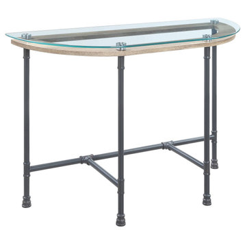 Unique Console Table, Pipe Like Metal Frame With Sandy Gray Accented Glass Top
