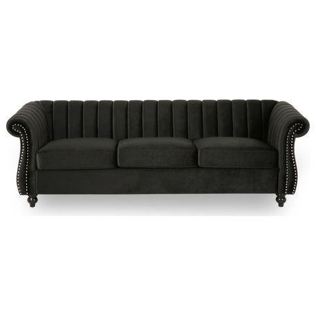 Olga Modern Glam Velvet 3 Seater Sofa, Black, Dark Brown