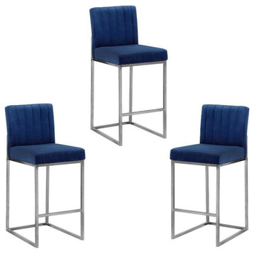 Home Square 3 Piece 26" Velvet Counter Stool Set with Silver Metal Base in Navy