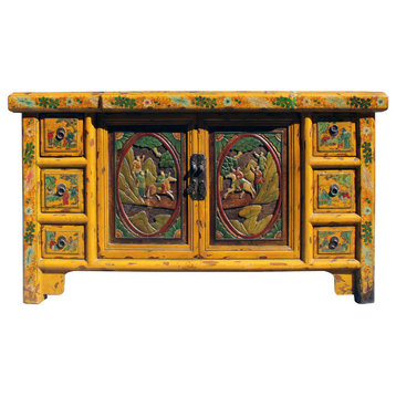 Chinese Distressed Yellow Carving Motif TV Console Table Cabinet Hcs5905