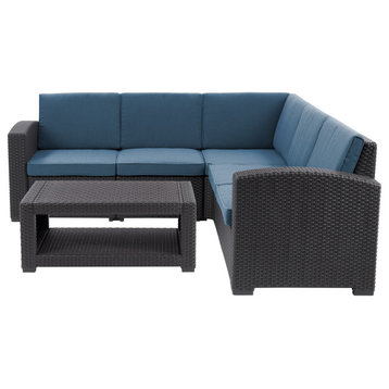 CorLiving Lake Front 6-Piece Black Rattan Patio Sectional Set With Blue Cushions