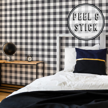 Transform Check Black Peel and Stick Wallpaper by Graham & Brown Bedroom Shot