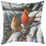 Laural Home - Laural Home Winter Cardinal 17" x 18" Woven Decorative Pillow - Update your favorite sitting chair or couch with the Winter Cardinal Woven Decorative Pillow.  This seasonal designed indoor woven decorative pillow, "Winter Cardinal," will bring the winterly season right into any home. A realistic, painterly scenery of a male and female cardinal sitting on a pine tree on a snowy day. This nature scene will give a crisp feeling to any room in your home. This Woven Pillow is made of a Cotton/Polyester blended cover and filled with Polyester.  Measuring at 17" x 18", This pillow is the perfect size for your living, den, or bedroom.  The double sided design allows you to not worry about a plain pillow decoration. This pillow can be spot cleaned only, with a mild detergent.