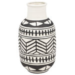The Novogratz - Black and White Ceramic Vase With Eclectic Geometric Pattern, 8"x15" - This black and white ceramic vase will turn heads around in your eclectic style inspired living space when displayed on coffee tables or shelves. Designed with felt or rubber stoppers at the base that prevent scratching furniture and table tops, as well as sliding around. This item ships in 1 carton. Due to the handmade nature of this item, no two will be alike, there will be slight differences in shape, size, and color. Suitable for indoor use only. This is a single vase. Eclectic style. Vase has a 3.50 in mouth opening.