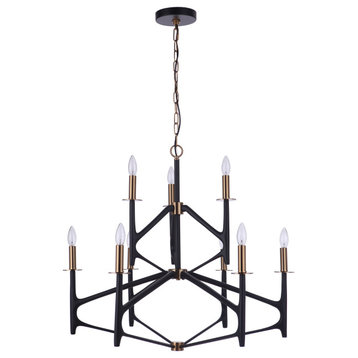 The Reserve 9-Light Chandelier in Flat Black with Satin Brass