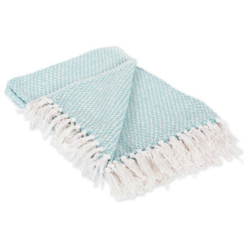 DII 50x60" Modern Cotton Woven Throw with Fringe in Aqua Blue