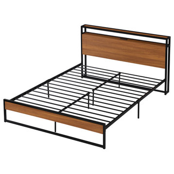 Queen Size Metal Platform Bed Frame With Sockets, Usb Ports and Slat Support