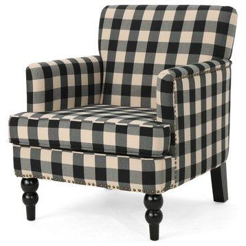 GDF Studio Eve Tufted Fabric Club Chair, Black Checkerboard/Dark Brown