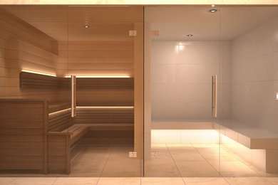 Adjacent Sauna (Left) & Steam Room (right) - White Tile Finish