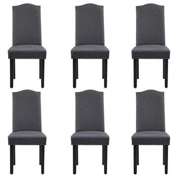 6 Pcs Dining Chair, Burlap Fabric Upholstered Seat With Nailhead Trim, Dark Gray