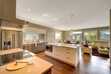 Inspiration for a mid-sized contemporary galley eat-in kitchen remodel in Vancouver with flat-panel cabinets, an island, an undermount sink, gray cabinets, quartzite countertops, gray backsplash, ceramic backsplash and stainless steel appliances