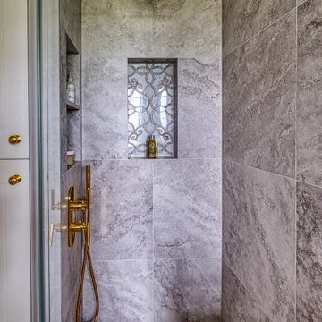 Glass and marble mosaic shower niche