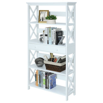 Convenience Concepts Oxford Five-Tier Bookcase with Drawer in White Wood Finish