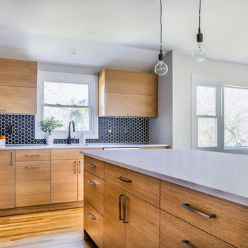 Contemporary Kitchen with Black Hexagon Backsplash