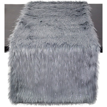 Christmas Decor Faux Fur with Silver Lurex Thread Table Runner, 16"x72", Grey
