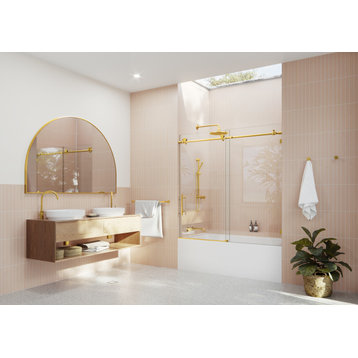 56-60"x60" Frameless Bath Tub Sliding Shower Door, Satin Brass