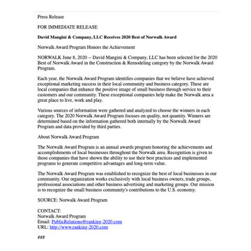 David Mangini & Company, LLC Receives 2020 Best of Norwalk Award