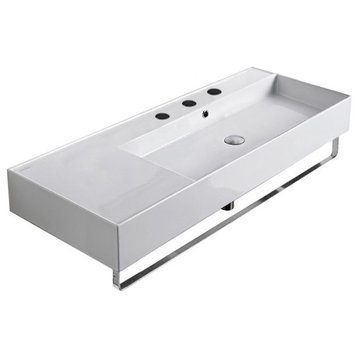 48" Ceramic Wall Mount Sink and Towel Bar, 3-Hole